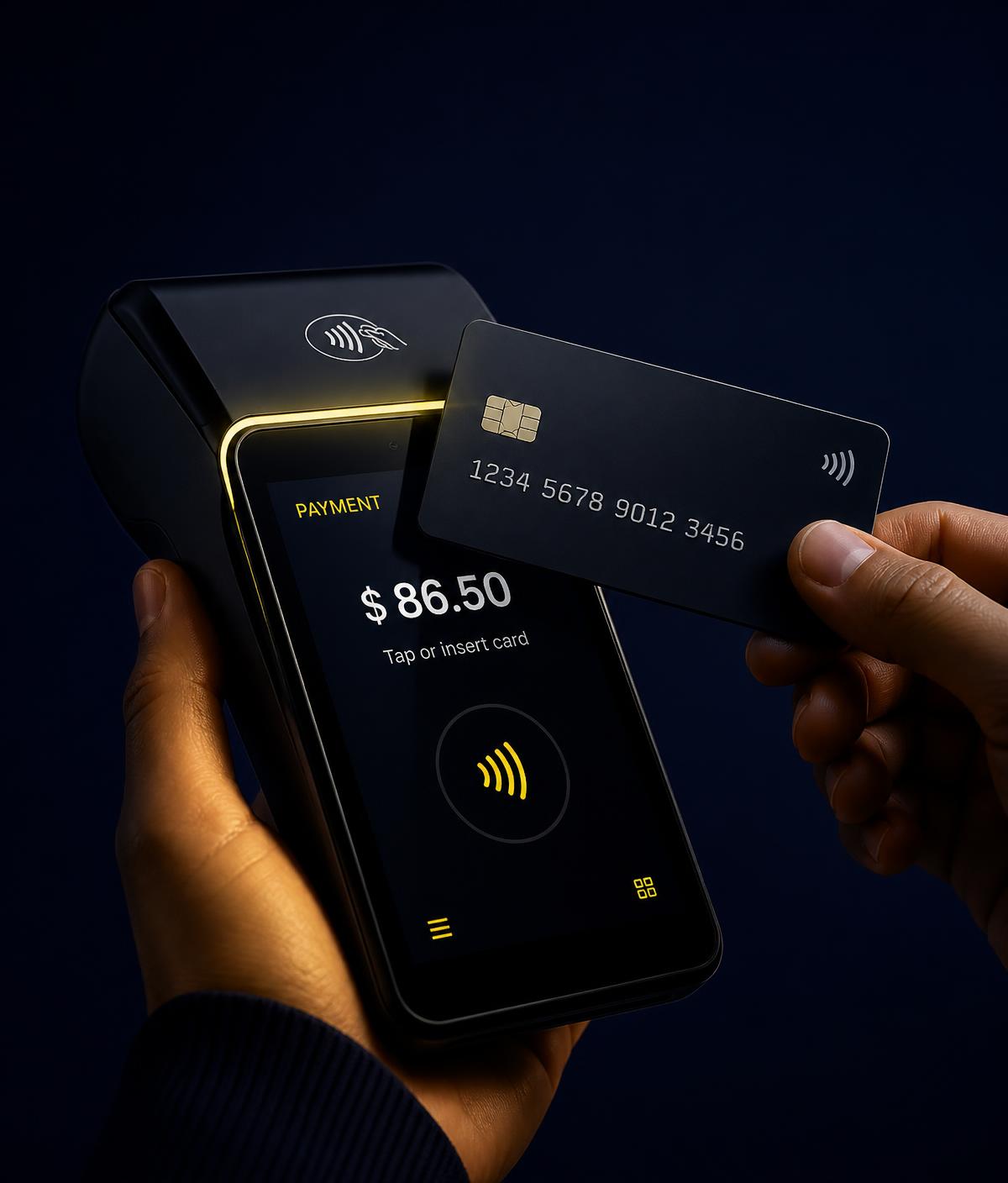 Contactless card being tapped on a modern payment terminal